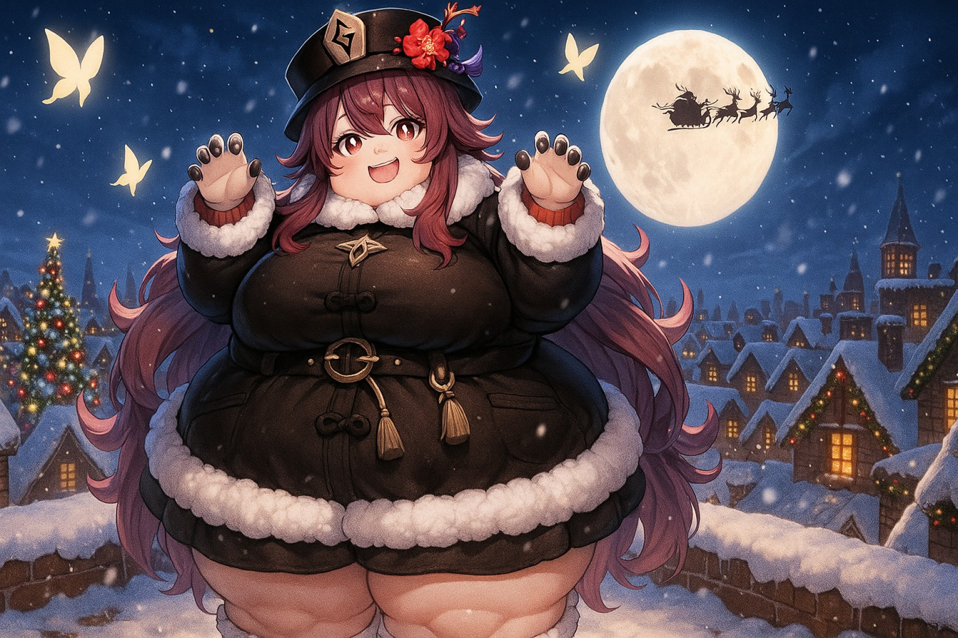 Ху Тао - на фоне рождественских саней